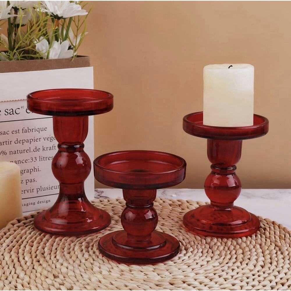 3 Pc Red Glass Candlestick Holders Set Vintage Style Taper Candle Stands